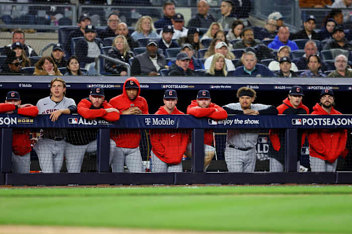 Oct 18, 2022; Bronx, New York, USA; The Cleveland Guardians watch their team play against the New York Yankees during the eighth inning in game five of the ALDS for the 2022 MLB Playoffs at Yankee Stadium. Mandatory Credit: Brad Penner-USA TODAY Sports
